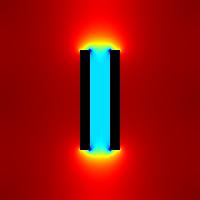 problem xy nr 1 - Dwie płytki płaskorównoległe w próżni (siatka 200 x 200) - rozkład natężenia pola elektrycznego E_1(x,y), mapowanie na kolory typu odwrócony jet (jet inverted)