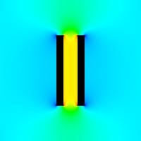 problem xy nr 1 - Dwie płytki płaskorównoległe w próżni (siatka 200 x 200) - rozkład składowej x natężenia pola elektrycznego E_x(x,y), mapowanie na kolory typu odwórcony hot-to-cold (hot-to-cold inverted)